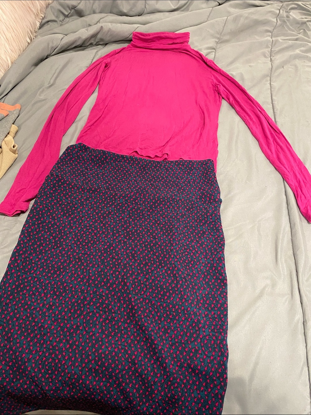 Women’s Fitted Pencil Skirt in Navy with Pink Dot Print and a pink turtleneck
